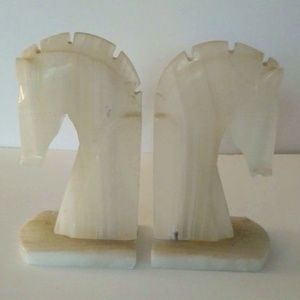 Vintage White Onyx Twin Horse Head Bookends Circa 1960s